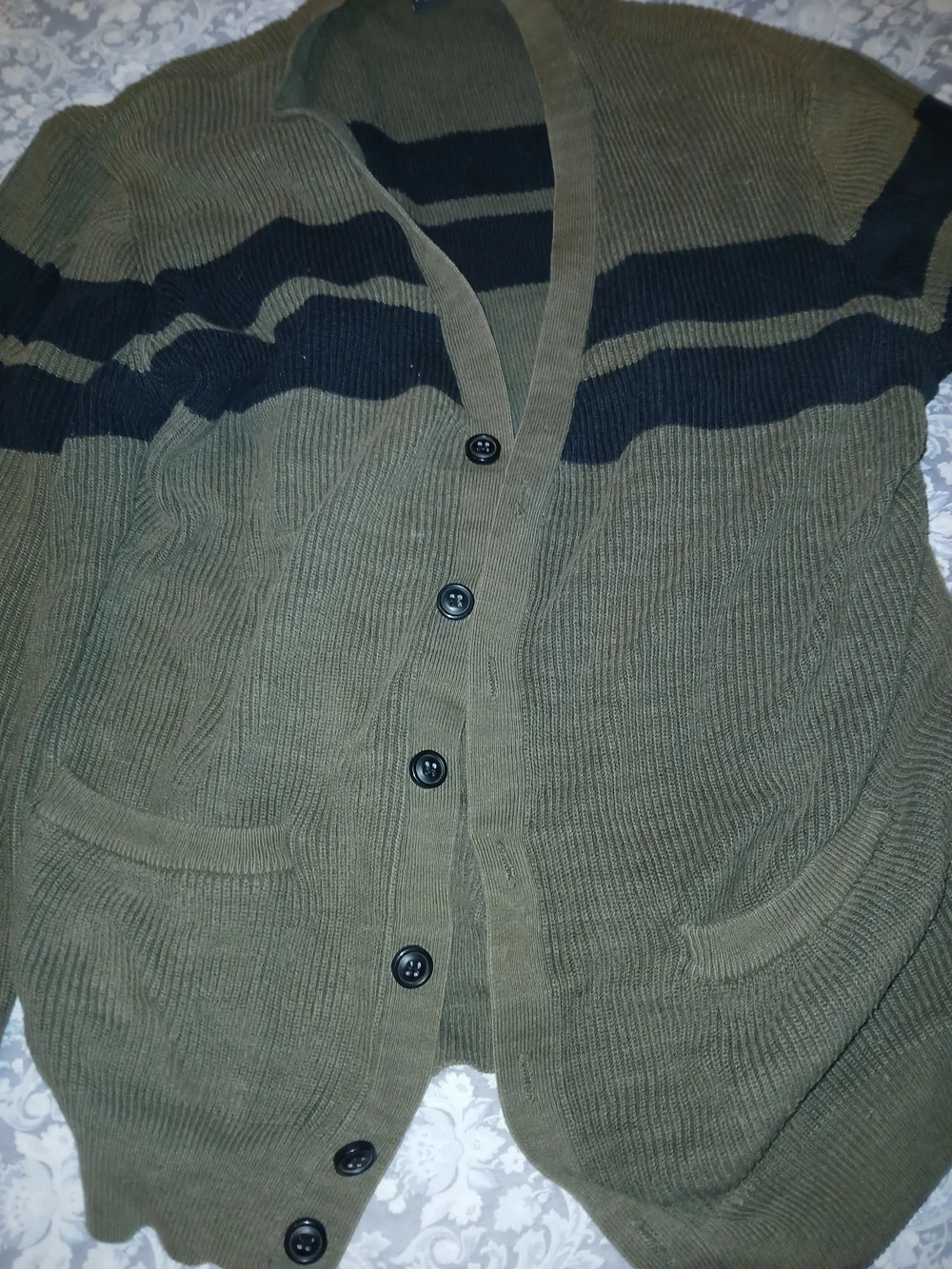Forever 21 Olive Green and Black Striped Men's Shawl Collar Cardigan